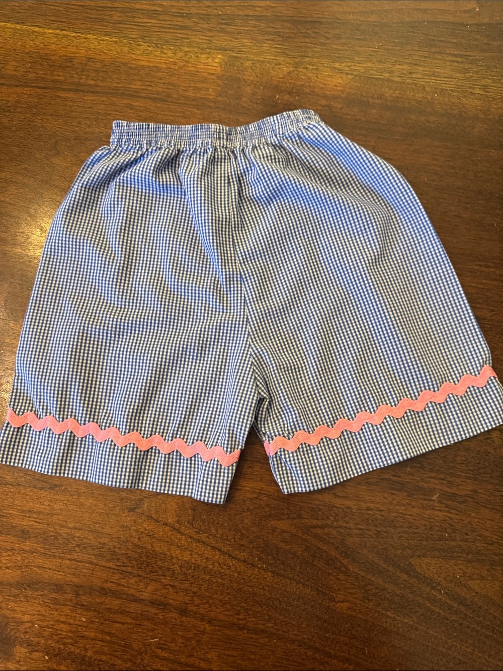 Blue Gingham Kids Shorts with Pink Ric Rac Trim